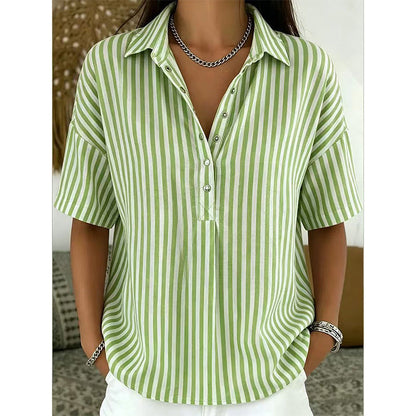 👕 LIMITED-TIME  OFF! ✨ Women's Striped Short-Sleeve Shirt – Relaxed Fit, V Neck, 9 Colors 🍂