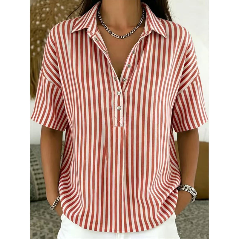 👕 LIMITED-TIME  OFF! ✨ Women's Striped Short-Sleeve Shirt – Relaxed Fit, V Neck, 9 Colors 🍂