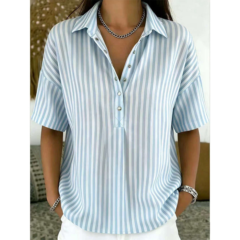 👕 LIMITED-TIME  OFF! ✨ Women's Striped Short-Sleeve Shirt – Relaxed Fit, V Neck, 9 Colors 🍂