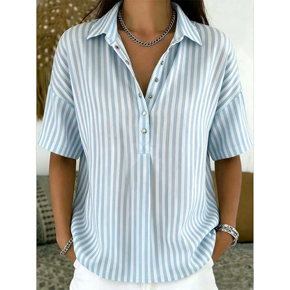 👕 LIMITED-TIME  OFF! ✨ Women's Striped Short-Sleeve Shirt – Relaxed Fit, V Neck, 9 Colors 🍂