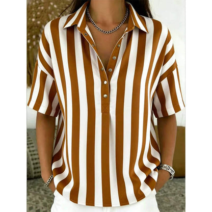 👕 LIMITED-TIME  OFF! ✨ Women's Striped Short-Sleeve Shirt – Relaxed Fit, V Neck, 9 Colors 🍂