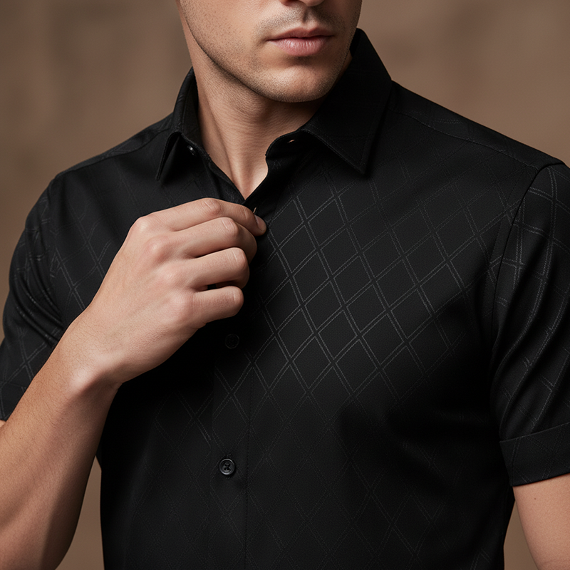 ⏳Limited-time 61% off⏰  ⚡Buy 2 get 5%+ Free Shipping✈️  Men's Textured Black Short Sleeve Shirt👔