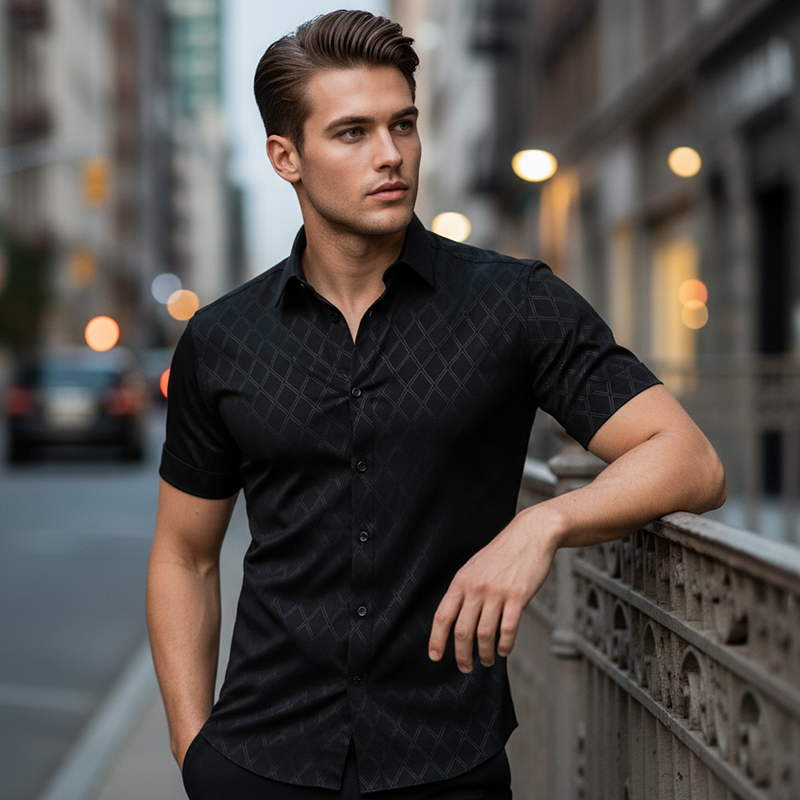 ⏳Limited-time 61% off⏰  ⚡Buy 2 get 5%+ Free Shipping✈️  Men's Textured Black Short Sleeve Shirt👔