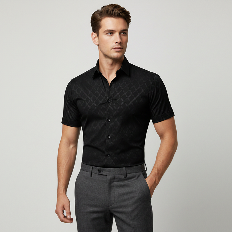 ⏳Limited-time 61% off⏰  ⚡Buy 2 get 5%+ Free Shipping✈️  Men's Textured Black Short Sleeve Shirt👔
