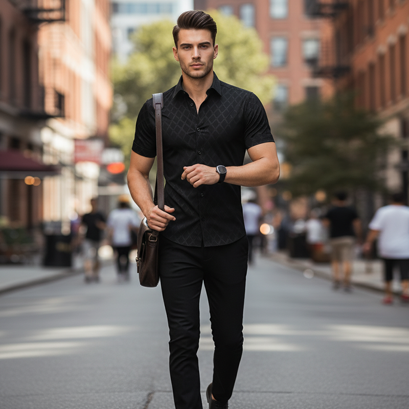 ⏳Limited-time 61% off⏰  ⚡Buy 2 get 5%+ Free Shipping✈️  Men's Textured Black Short Sleeve Shirt👔