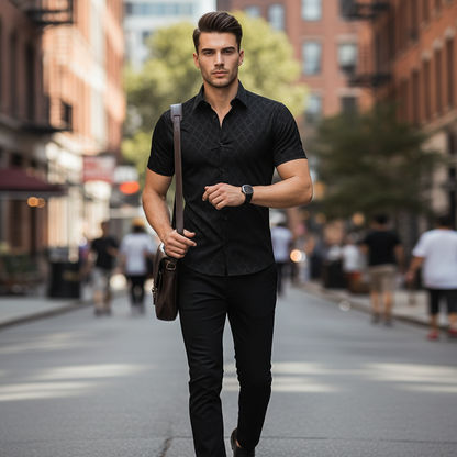 ⏳Limited-time 61% off⏰  ⚡Buy 2 get 5%+ Free Shipping✈️  Men's Textured Black Short Sleeve Shirt👔