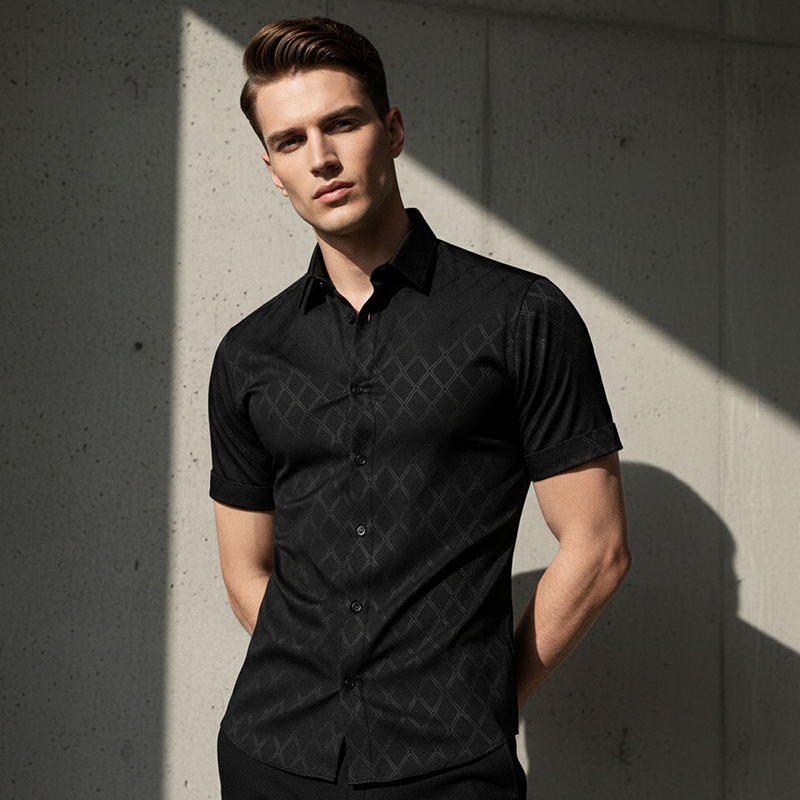 ⏳Limited-time 61% off⏰  ⚡Buy 2 get 5%+ Free Shipping✈️  Men's Textured Black Short Sleeve Shirt👔