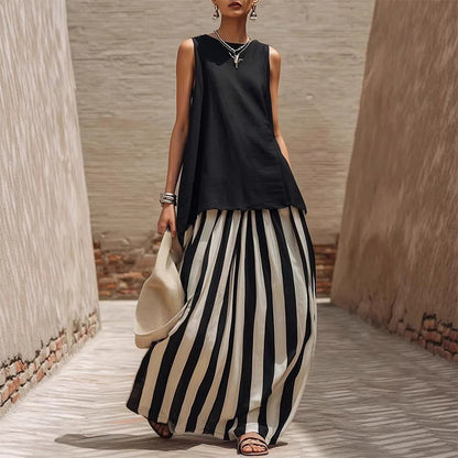 🍀2026 New Arrival !! 👚👗 Women’s Sleeveless Top & Striped Skirt Set🌈 – One Outfit, Instant Summer Style