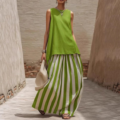 🍀2026 New Arrival !! 👚👗 Women’s Sleeveless Top & Striped Skirt Set🌈 – One Outfit, Instant Summer Style