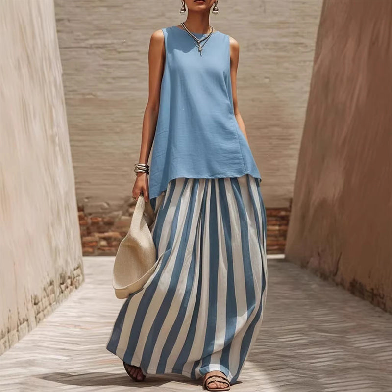 🍀2026 New Arrival !! 👚👗 Women’s Sleeveless Top & Striped Skirt Set🌈 – One Outfit, Instant Summer Style