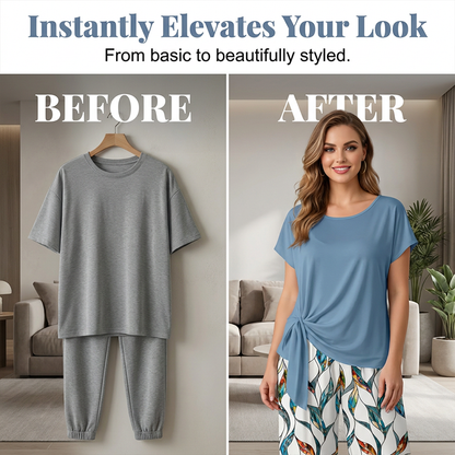 👗 Dames Zijknoop Top & Geprint Broek Set – Elegant Lounge 2-delig | Lichtblauw & Lichtgroen | S-5XL
