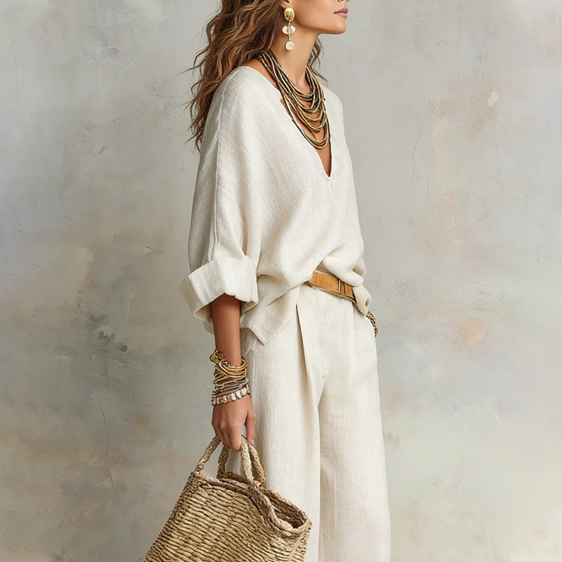 🍁2026 New Arrival👚👖 Chic Women’s V-Neck Top & Wide-Leg Pants Set – One Outfit, Zero Styling Stress