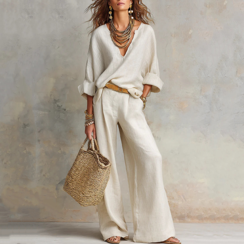 🍁2026 New Arrival👚👖 Chic Women’s V-Neck Top & Wide-Leg Pants Set – One Outfit, Zero Styling Stress