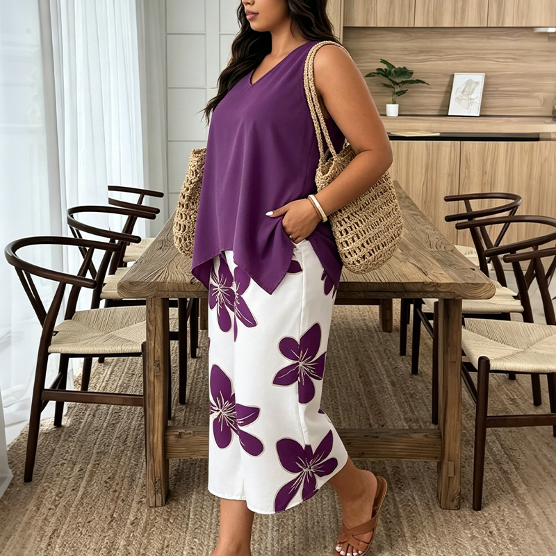 🌸 50% OFF! ✨ Women's Asymmetrical Top & Floral Print Capri Pants Set – Versatile, Vibrant, Comfortable 🌺