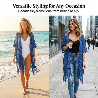 🌴☀️ Women’s Open-Front Knit Cover-Up – Breathable Hollow-Out Knit Beach Cardigan with Tassel Fringe👙