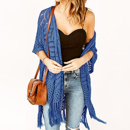 🌴☀️ Women’s Open-Front Knit Cover-Up – Breathable Hollow-Out Knit Beach Cardigan with Tassel Fringe👙