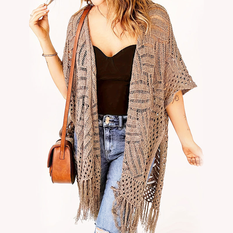 🌴☀️ Women’s Open-Front Knit Cover-Up – Breathable Hollow-Out Knit Beach Cardigan with Tassel Fringe👙