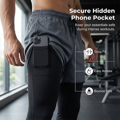 🏃‍♂️ NU 50% KORTING!💨 2-in-1 hardlooplegging met korte broek voor heren – Compressie & sneldrogend – Sportbroek met telefoonzakje 📱