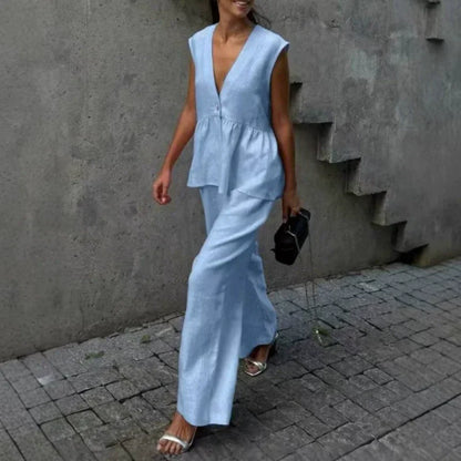 👚 50% OFF NOW! 👖 Solid Color V-Neck Sleeveless Top & Wide Leg Pants Two-Piece Set – Flowy, breathable & perfect for summer vacations or office chic 🌸