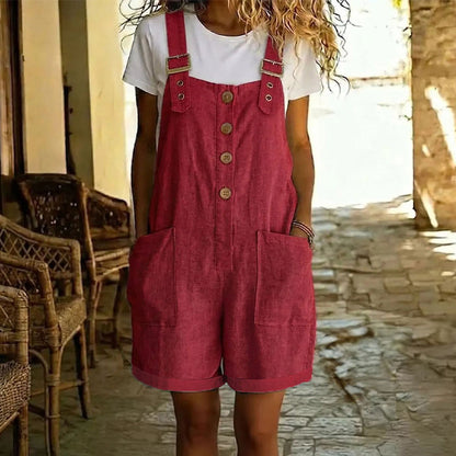 👖 LIMITED-TIME 56% OFF! 🌸 Retro Solid Color Romper with Adjustable Straps – Button-Front, Large Pockets, Relaxed Fit ✨