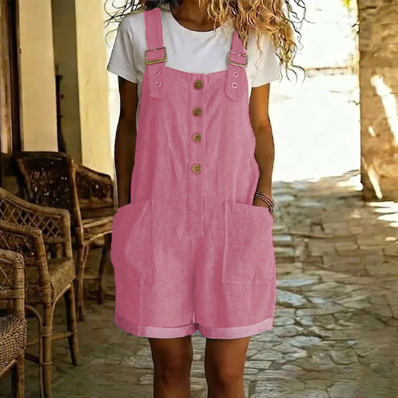 👖 LIMITED-TIME 56% OFF! 🌸 Retro Solid Color Romper with Adjustable Straps – Button-Front, Large Pockets, Relaxed Fit ✨