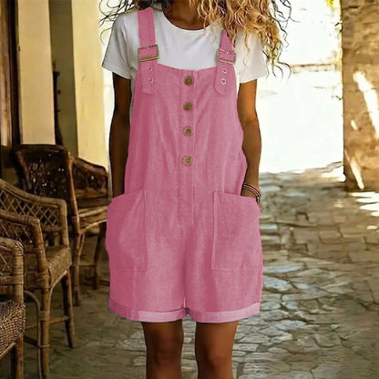 👖 LIMITED-TIME 56% OFF! 🌸 Retro Solid Color Romper with Adjustable Straps – Button-Front, Large Pockets, Relaxed Fit ✨