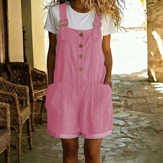 👖 LIMITED-TIME 56% OFF! 🌸 Retro Solid Color Romper with Adjustable Straps – Button-Front, Large Pockets, Relaxed Fit ✨