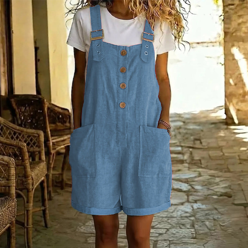 👖 LIMITED-TIME 56% OFF! 🌸 Retro Solid Color Romper with Adjustable Straps – Button-Front, Large Pockets, Relaxed Fit ✨
