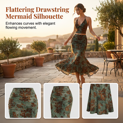 🌼2026 SUMMER SALE 50% OFF! Bohemian Floral 2-Piece Set🍹 – Halter Top, Ruched Waist & Mermaid Skirt ✨