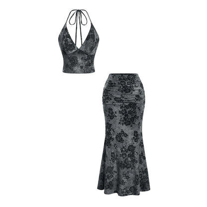 🌼2026 SUMMER SALE 50% OFF! Bohemian Floral 2-Piece Set🍹 – Halter Top, Ruched Waist & Mermaid Skirt ✨