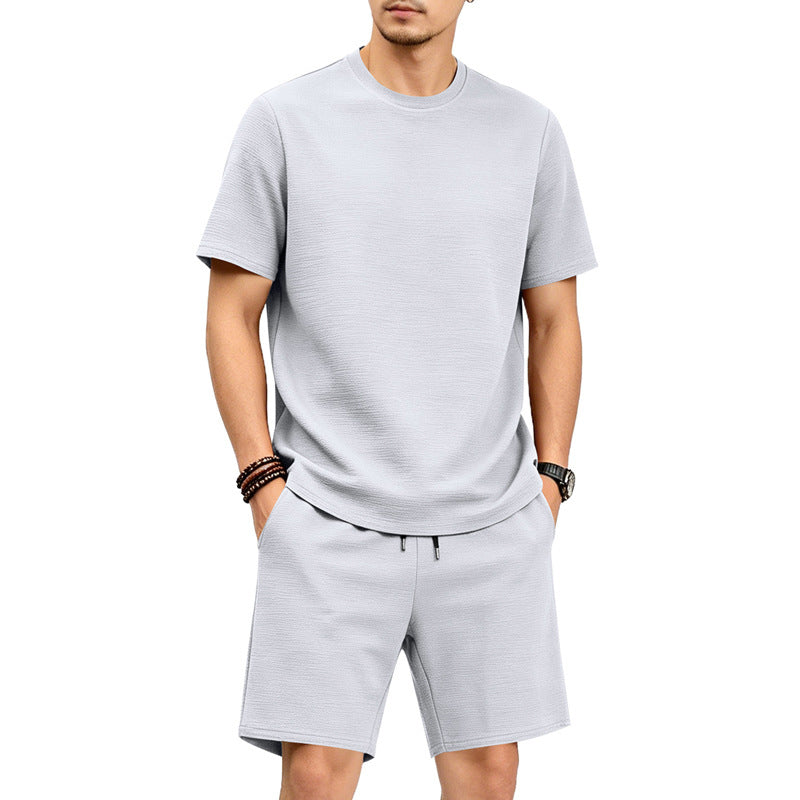 🔥LIMITED TIME 50% OFF!🔥 👕🩳 Men’s Solid Color Short Sleeve Crewneck Outfit – Textured 2-Piece Summer Set✨