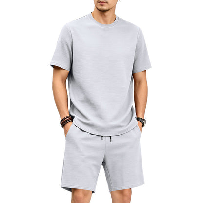 🔥LIMITED TIME 50% OFF!🔥 👕🩳 Men’s Solid Color Short Sleeve Crewneck Outfit – Textured 2-Piece Summer Set✨