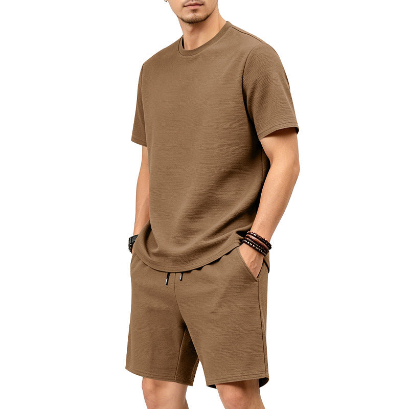 🔥LIMITED TIME 50% OFF!🔥 👕🩳 Men’s Solid Color Short Sleeve Crewneck Outfit – Textured 2-Piece Summer Set✨