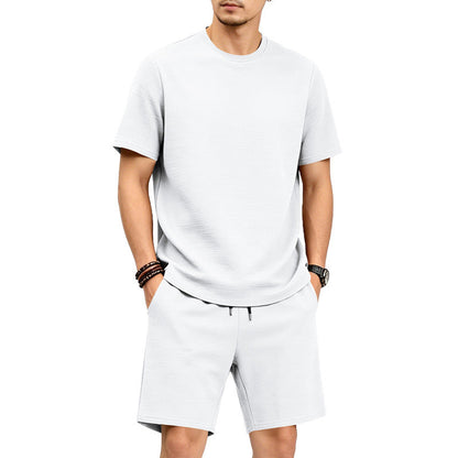 🔥LIMITED TIME 50% OFF!🔥 👕🩳 Men’s Solid Color Short Sleeve Crewneck Outfit – Textured 2-Piece Summer Set✨