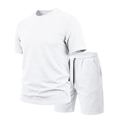 🔥LIMITED TIME 50% OFF!🔥 👕🩳 Men’s Solid Color Short Sleeve Crewneck Outfit – Textured 2-Piece Summer Set✨