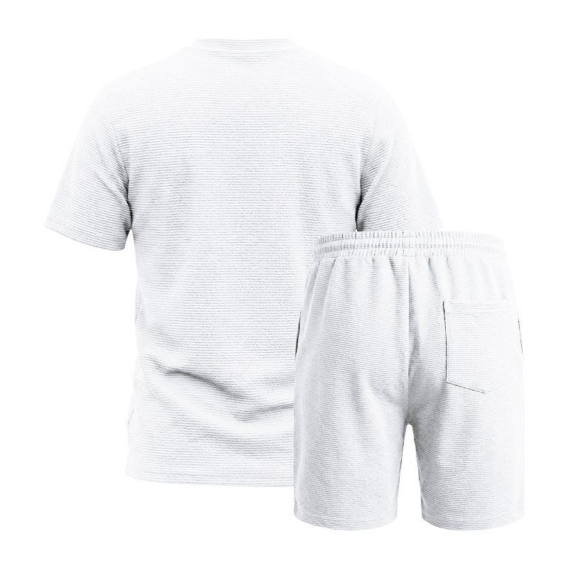 🔥LIMITED TIME 50% OFF!🔥 👕🩳 Men’s Solid Color Short Sleeve Crewneck Outfit – Textured 2-Piece Summer Set✨