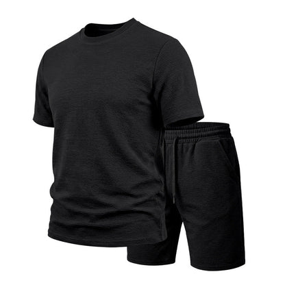 🔥LIMITED TIME 50% OFF!🔥 👕🩳 Men’s Solid Color Short Sleeve Crewneck Outfit – Textured 2-Piece Summer Set✨