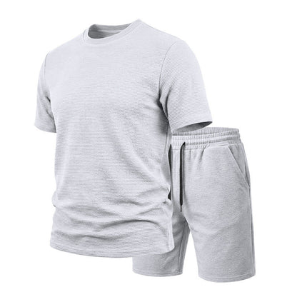 🔥LIMITED TIME 50% OFF!🔥 👕🩳 Men’s Solid Color Short Sleeve Crewneck Outfit – Textured 2-Piece Summer Set✨
