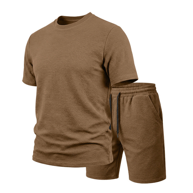 🔥LIMITED TIME 50% OFF!🔥 👕🩳 Men’s Solid Color Short Sleeve Crewneck Outfit – Textured 2-Piece Summer Set✨