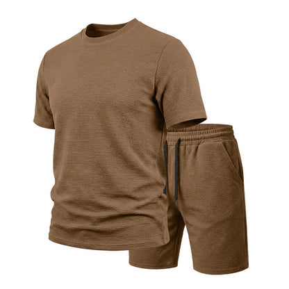🔥LIMITED TIME 50% OFF!🔥 👕🩳 Men’s Solid Color Short Sleeve Crewneck Outfit – Textured 2-Piece Summer Set✨