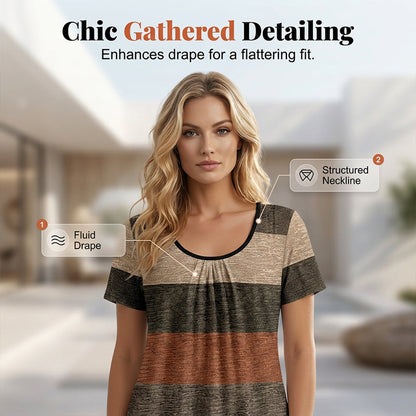 🍀👚LIMITED-TIME 50% OFF DEAL! 🌻Women’s Plus Size Pleated Color Block T-Shirt 🌼– Chic Gathered Neckline, Soft Fabric & Flowy Comfort 🌸