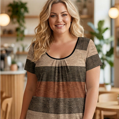 🍀👚LIMITED-TIME 50% OFF DEAL! 🌻Women’s Plus Size Pleated Color Block T-Shirt 🌼– Chic Gathered Neckline, Soft Fabric & Flowy Comfort 🌸
