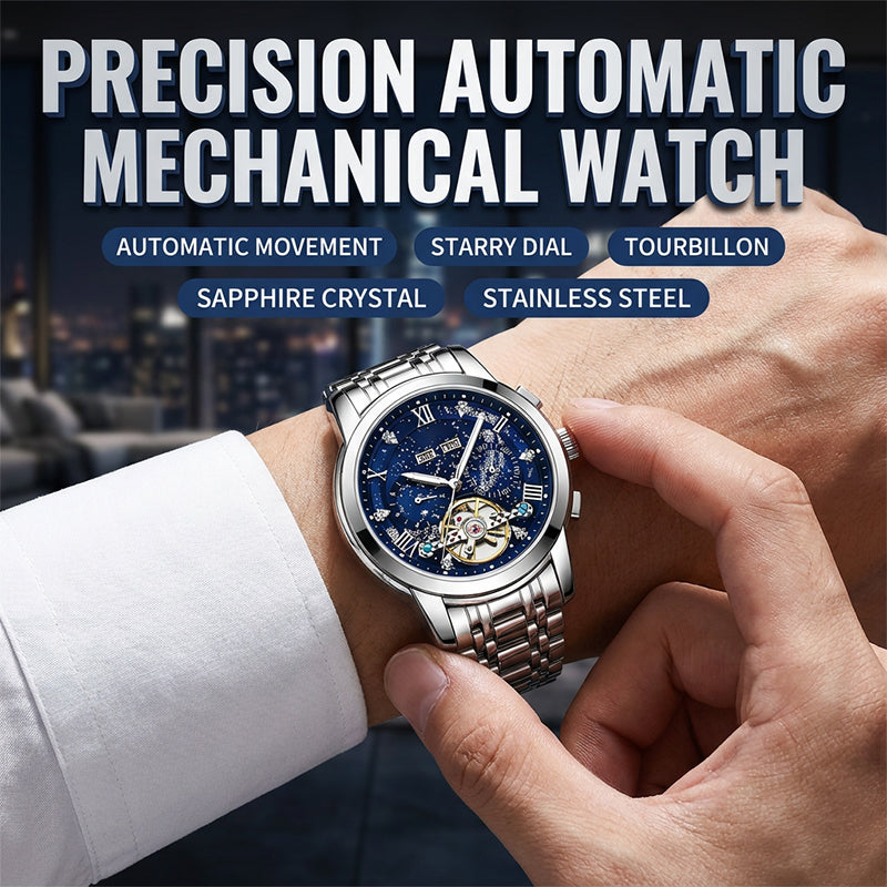 ⌚ Men’s Automatic Mechanical Watch – Open-Heart Dial, Stainless Steel Strap & 30M Water Resistance