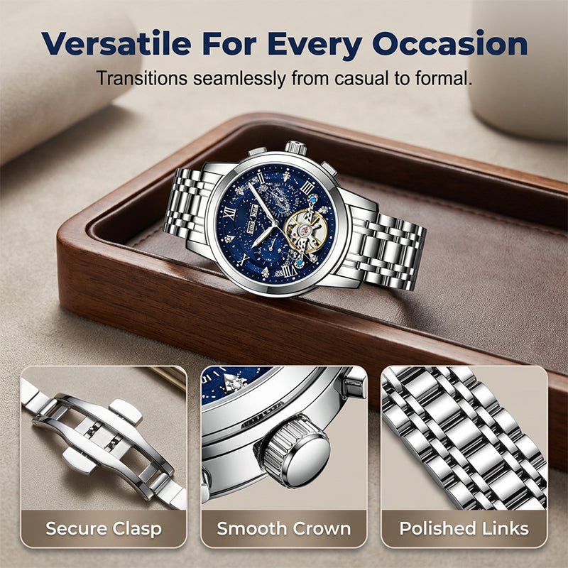 ⌚ Men’s Automatic Mechanical Watch – Open-Heart Dial, Stainless Steel Strap & 30M Water Resistance