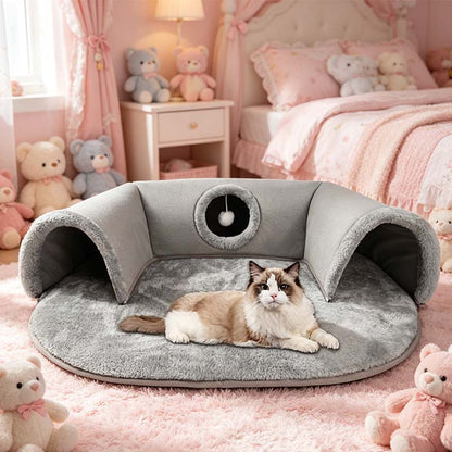😻 40% OFF! 🛏️ Plush 2-in-1 Cat Tunnel Bed – Collapsible, scratch-resistant & cozy – combines hideaway tunnel with soft sleeping pad – perfect for play, rest & pouncing 🐾