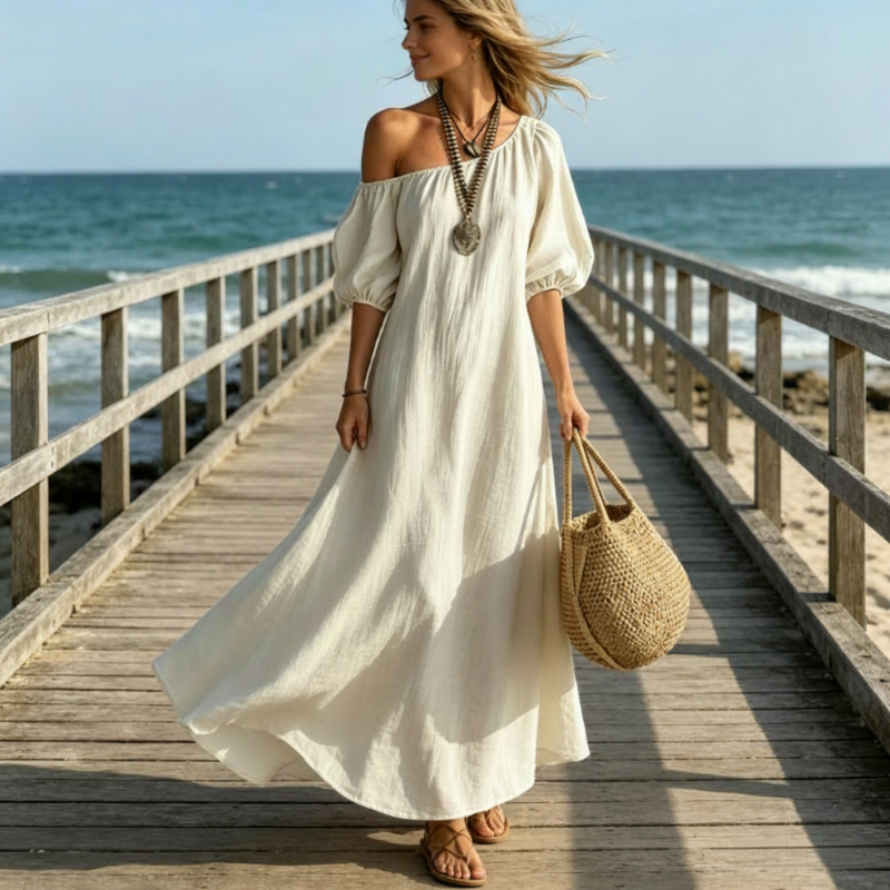 ⏰ 50% OFF✨Women's One-Shoulder Puff Sleeve Maxi Dress