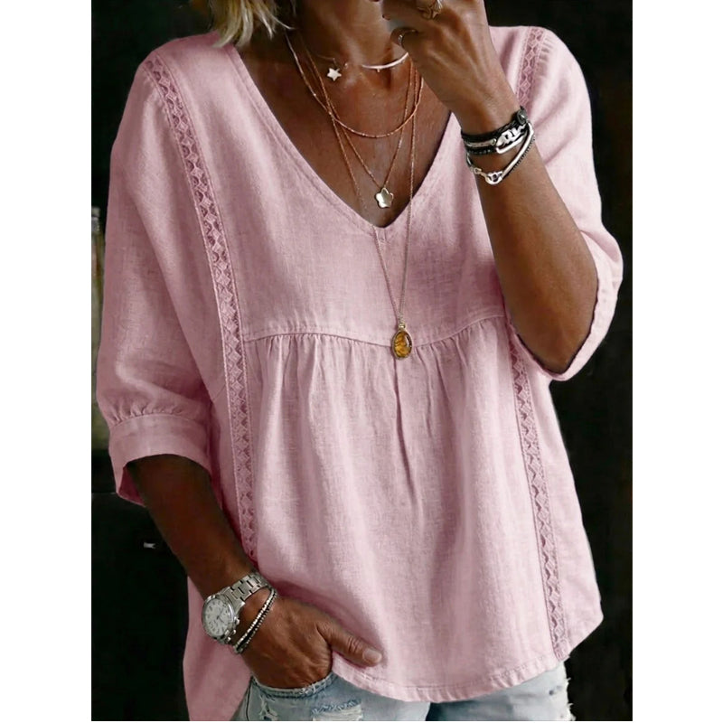 🌼 FLASH SALE 50% OFF! Women’s Casual V-Neck Lace Trim Top – Romantic Lace, Flowy Fit & 3/4 Sleeve Elegance 💕