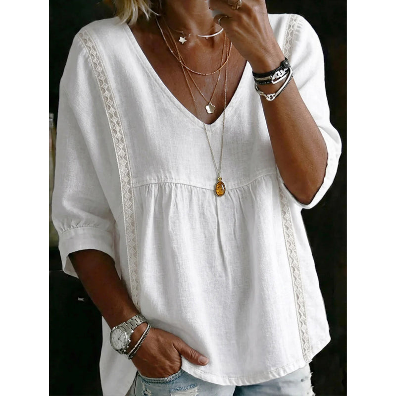 🌼 FLASH SALE 50% OFF! Women’s Casual V-Neck Lace Trim Top – Romantic Lace, Flowy Fit & 3/4 Sleeve Elegance 💕