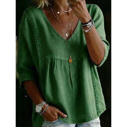 🌼 FLASH SALE 50% OFF! Women’s Casual V-Neck Lace Trim Top – Romantic Lace, Flowy Fit & 3/4 Sleeve Elegance 💕