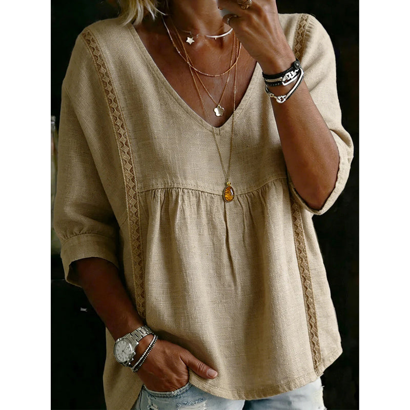 🌼 FLASH SALE 50% OFF! Women’s Casual V-Neck Lace Trim Top – Romantic Lace, Flowy Fit & 3/4 Sleeve Elegance 💕